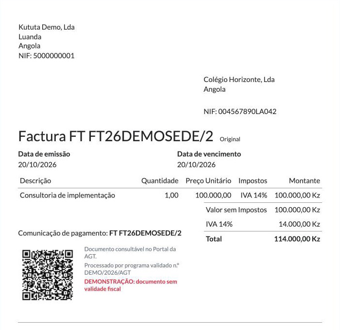 Factura emitida no Kututa ERP, com o QR da AGT