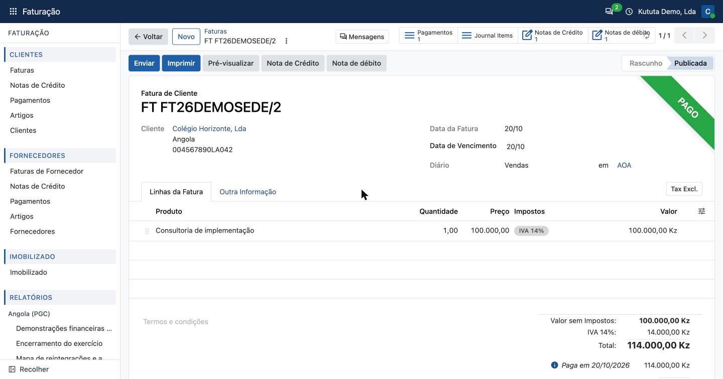 Factura publicada e paga no Kututa ERP