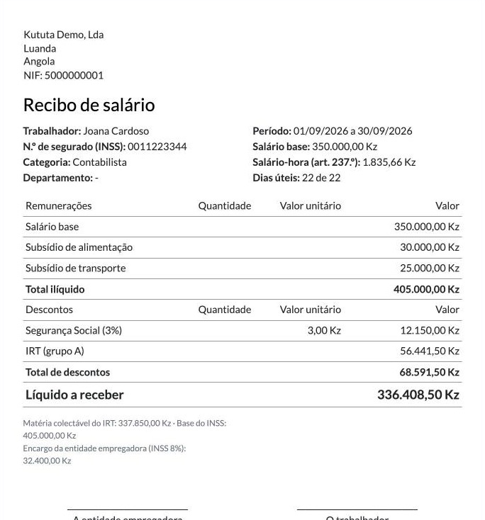 Recibo de salário com IRT e Segurança Social